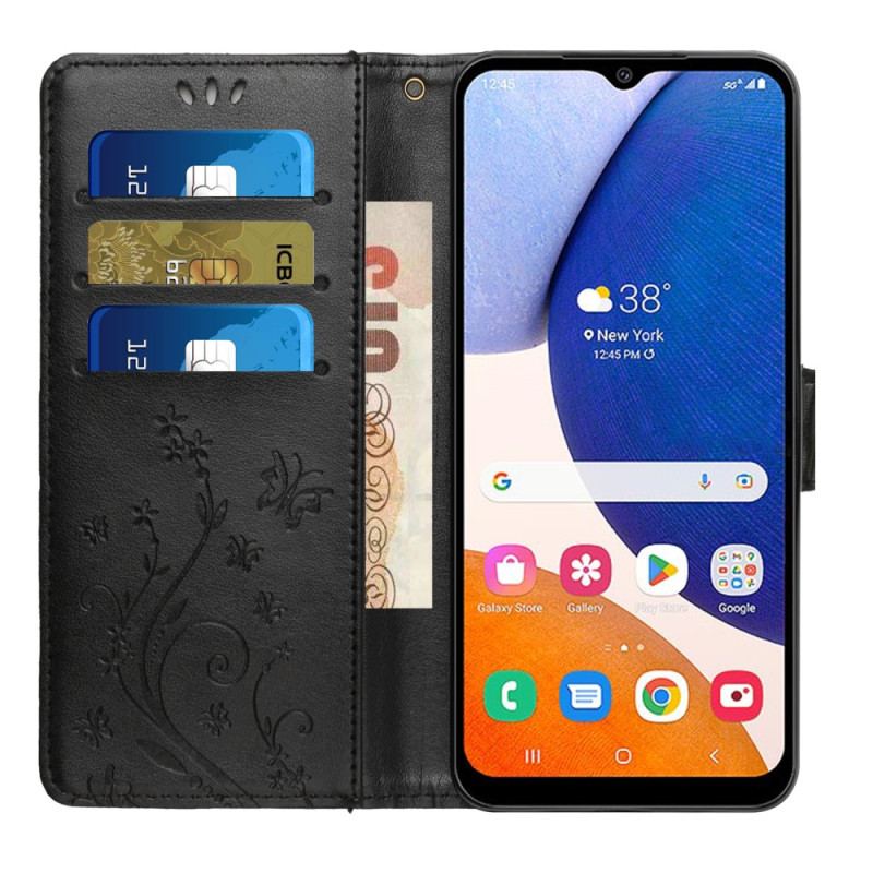 Flip Cover Samsung Galaxy A54 5G Med Snor Blomster Og Sommerfugle Med Rem