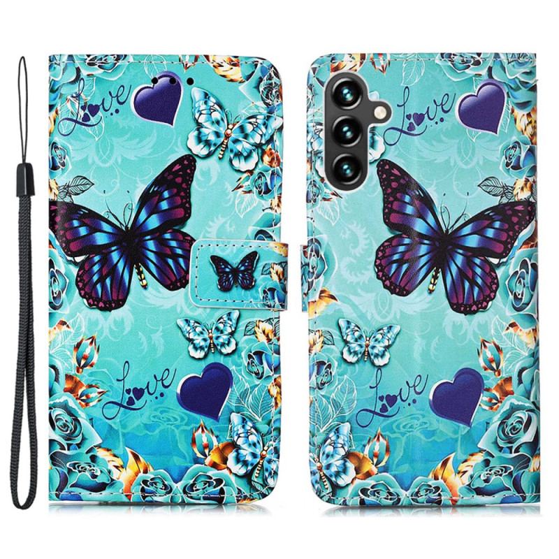 Flip Cover Samsung Galaxy A54 5G Med Snor Farverige Thong Sommerfugle