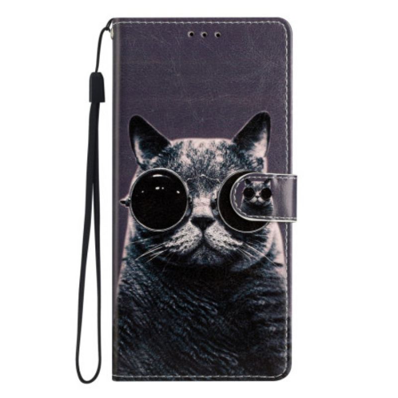 Læder Cover Samsung Galaxy A54 5G Med Snor Cat Strappy Briller