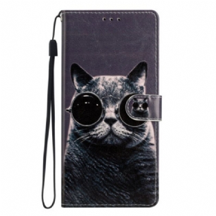 Læder Cover Samsung Galaxy A54 5G Med Snor Cat Strappy Briller