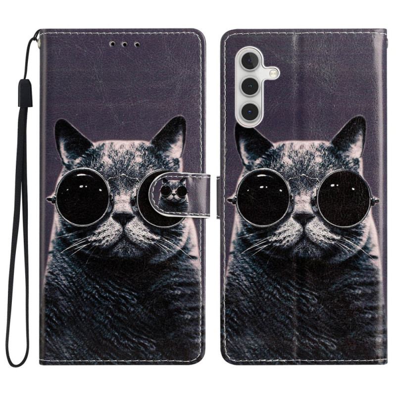 Læder Cover Samsung Galaxy A54 5G Med Snor Cat Strappy Briller