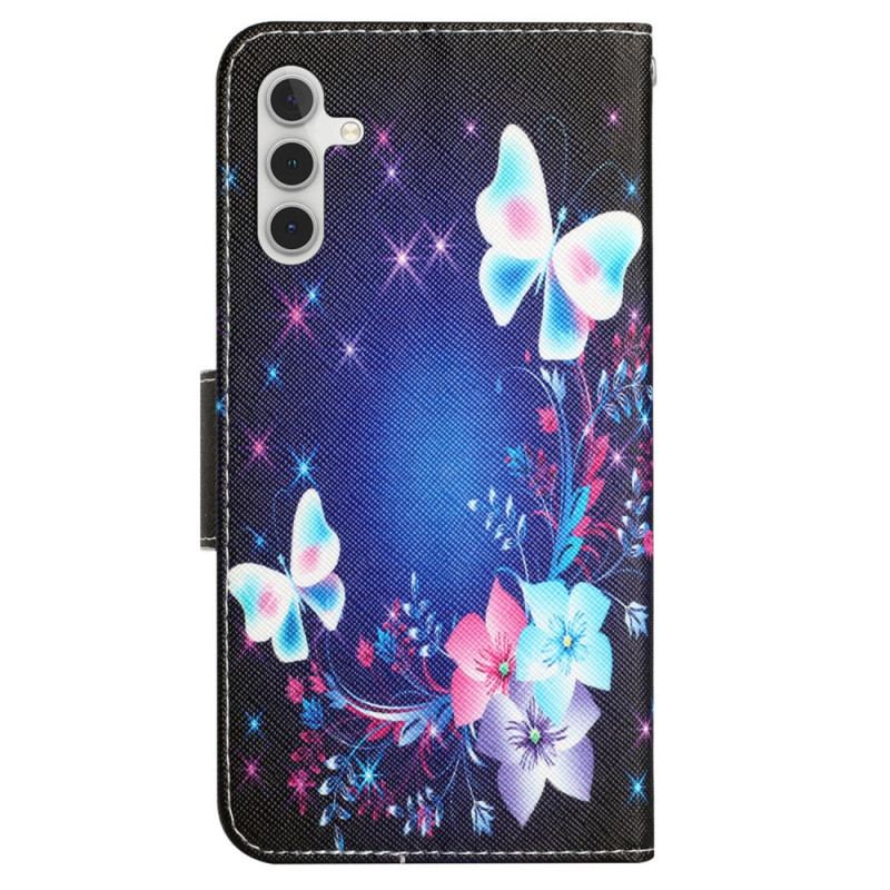 Læder Cover Samsung Galaxy A54 5G Med Snor Fe Sommerfugle Med Snor