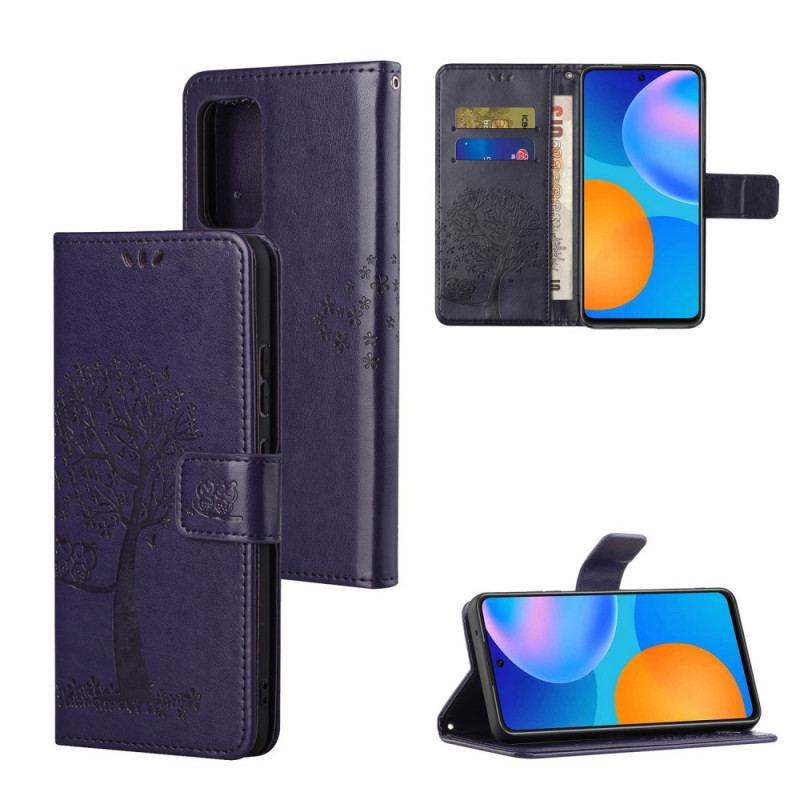 Flip Cover Xiaomi Redmi Note 11 / 11S Med Snor Thong Træ Og Ugler