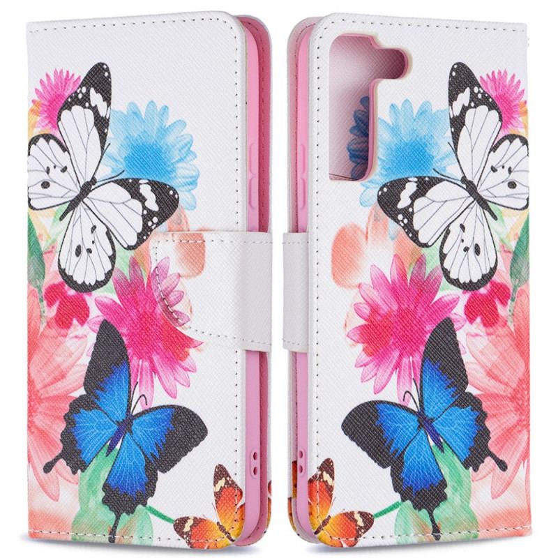 Flip Cover Samsung Galaxy S22 Plus 5G Malede Sommerfugle Og Blomster