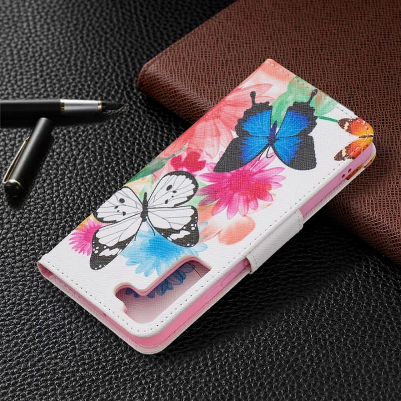 Flip Cover Samsung Galaxy S22 Plus 5G Malede Sommerfugle Og Blomster