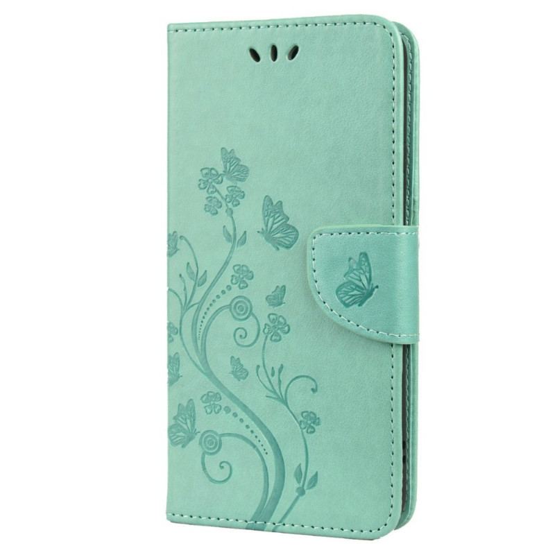 Flip Cover Samsung Galaxy S22 Plus 5G Sommerfugle Og Blomster Med Snor