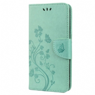 Flip Cover Samsung Galaxy S22 Plus 5G Sommerfugle Og Blomster Med Snor