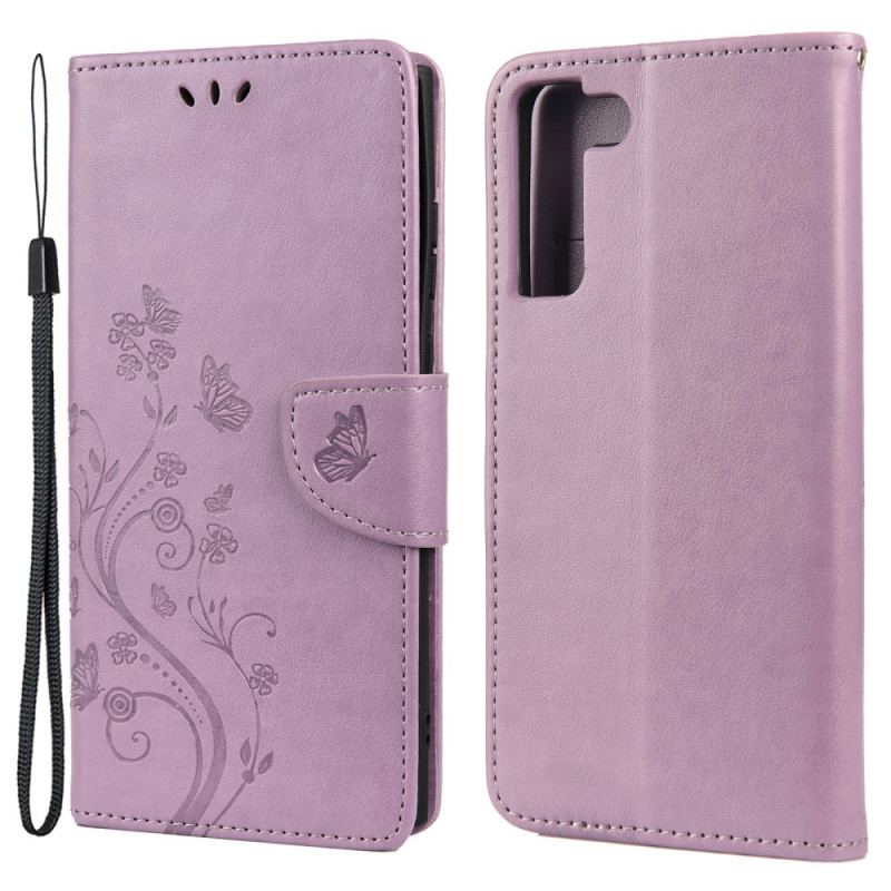 Flip Cover Samsung Galaxy S22 Plus 5G Sommerfugle Og Blomster Med Snor