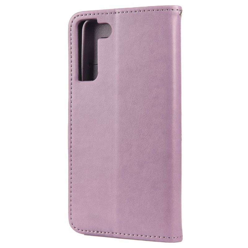 Flip Cover Samsung Galaxy S22 Plus 5G Sommerfugle Og Blomster Med Snor