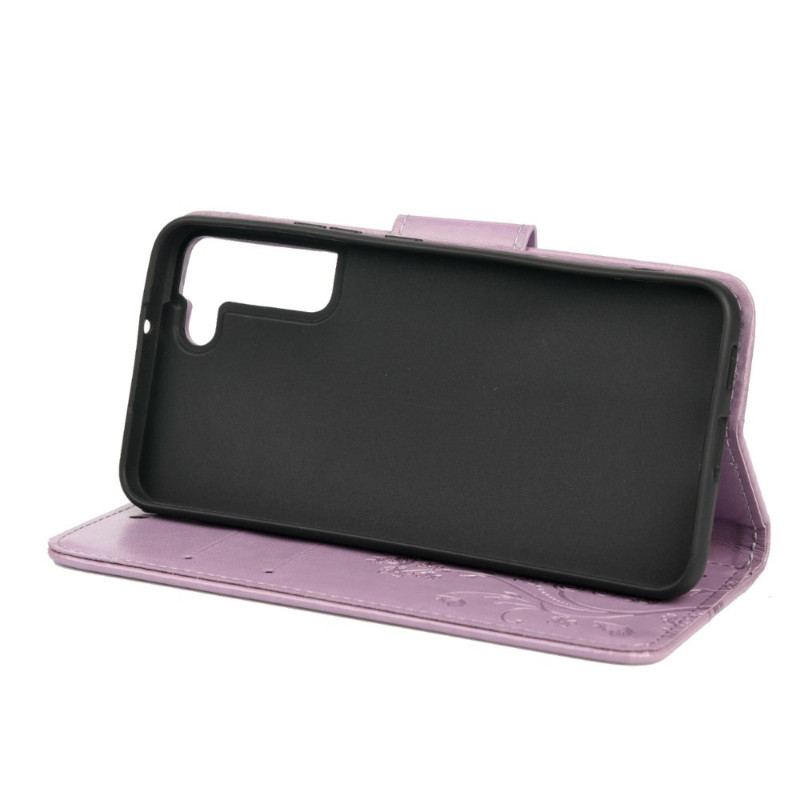 Flip Cover Samsung Galaxy S22 Plus 5G Sommerfugle Og Blomster Med Snor