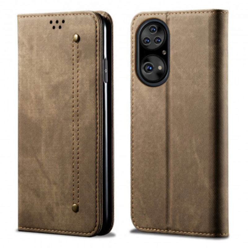 Cover Huawei P50 Pro Flip Cover Tekstur På Jeans I Imiteret Læder