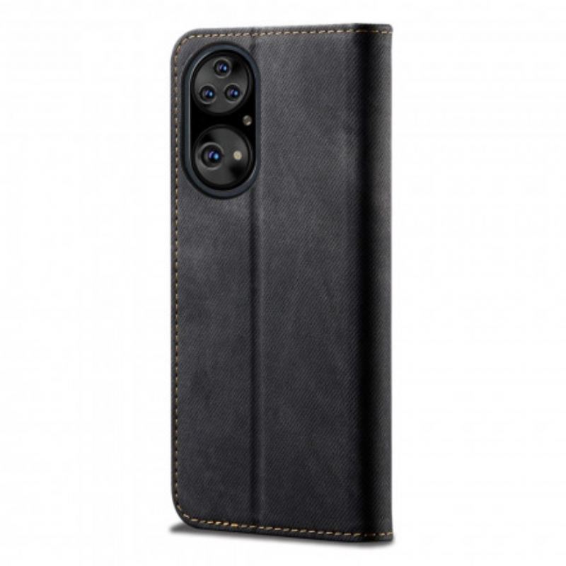 Cover Huawei P50 Pro Flip Cover Tekstur På Jeans I Imiteret Læder