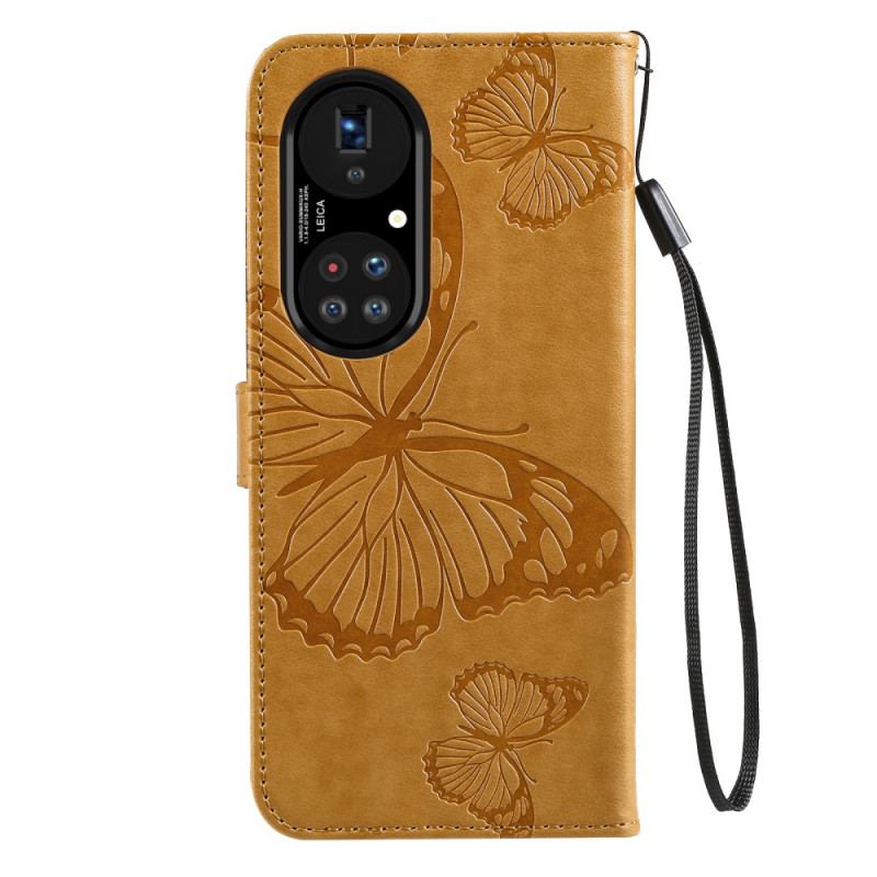 Flip Cover Huawei P50 Pro Med Snor Kæmpe Sommerfugle Med Rem