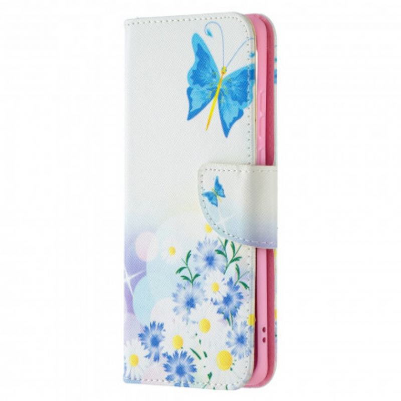 Læder Cover Huawei P50 Pro Malede Sommerfugle Og Blomster