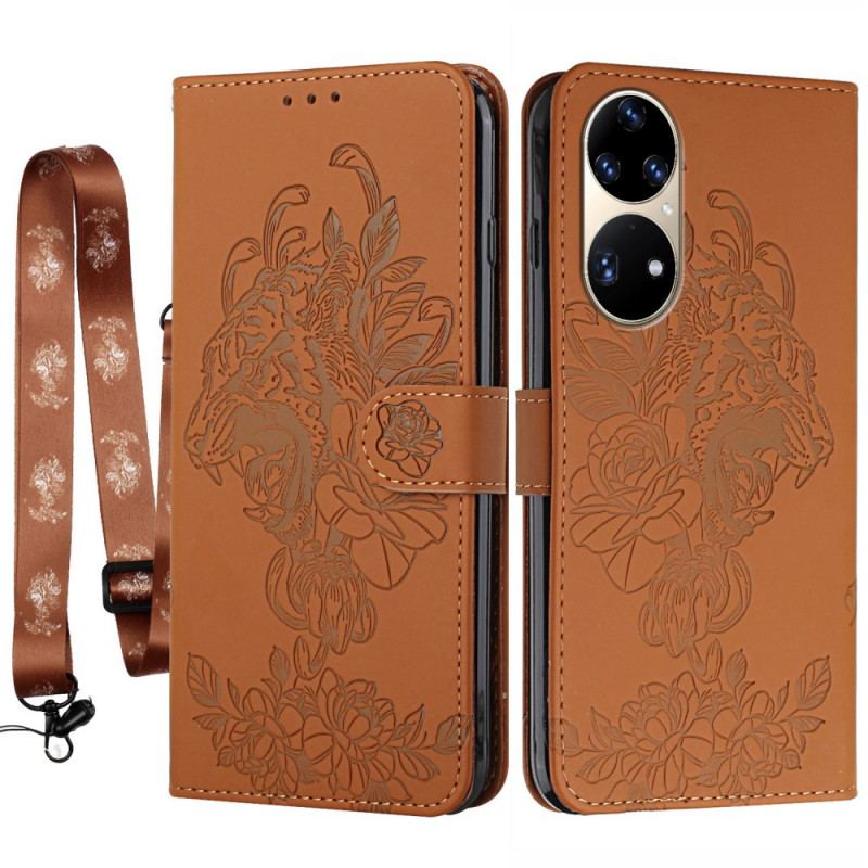 Læder Cover Huawei P50 Pro Med Snor Barok Strappy Tiger