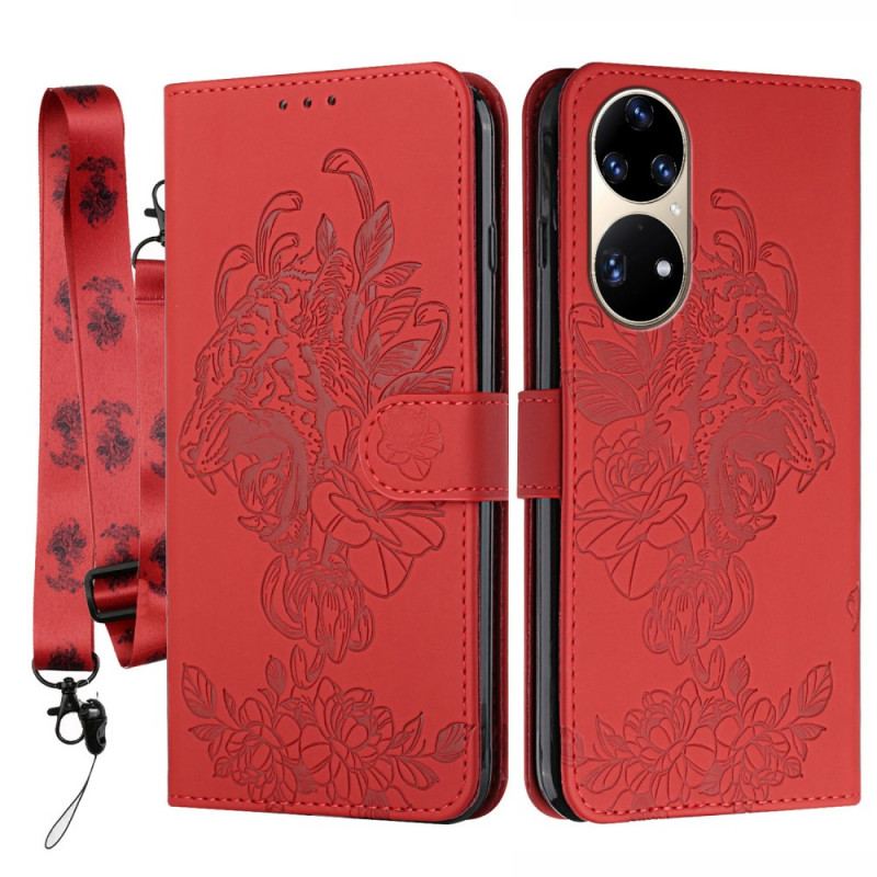 Læder Cover Huawei P50 Pro Med Snor Barok Strappy Tiger