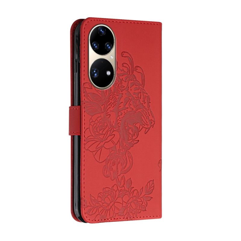 Læder Cover Huawei P50 Pro Med Snor Barok Strappy Tiger