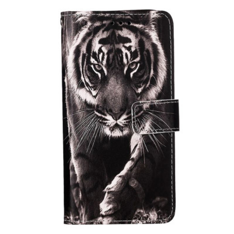 Læder Cover Poco C61 Telefon Etui Tiger Med Rem