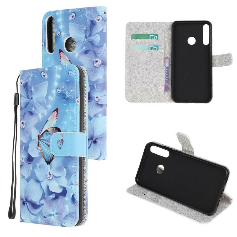 Flip Cover Huawei P40 Lite E Med Snor Strappy Diamond Sommerfugle