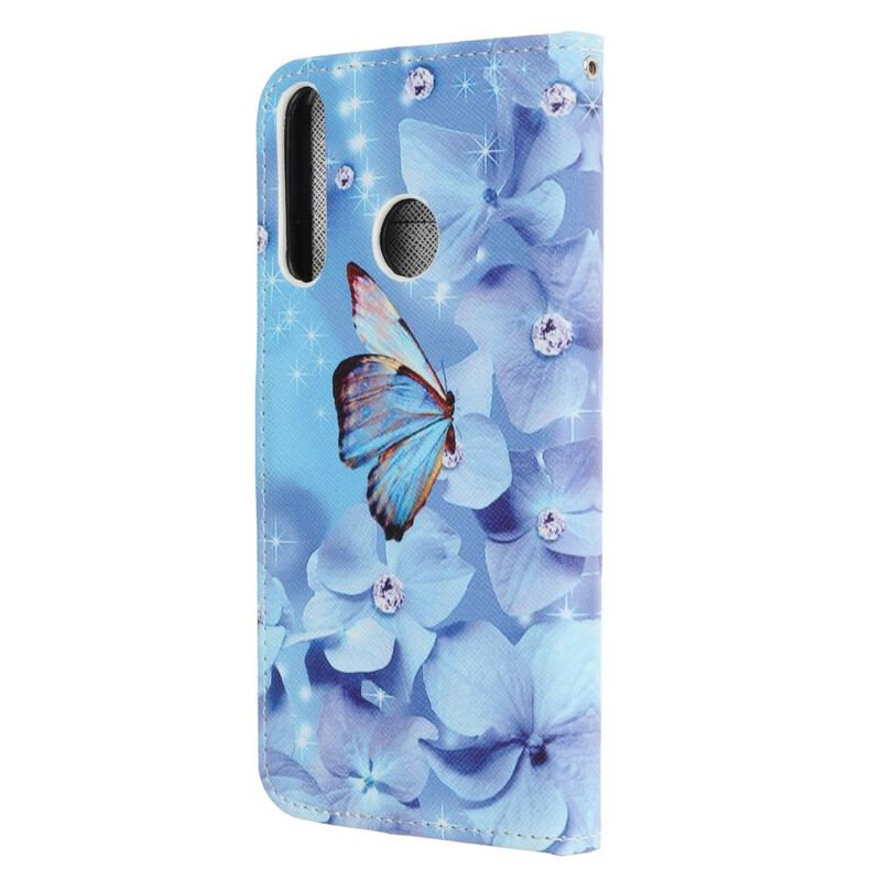 Flip Cover Huawei P40 Lite E Med Snor Strappy Diamond Sommerfugle