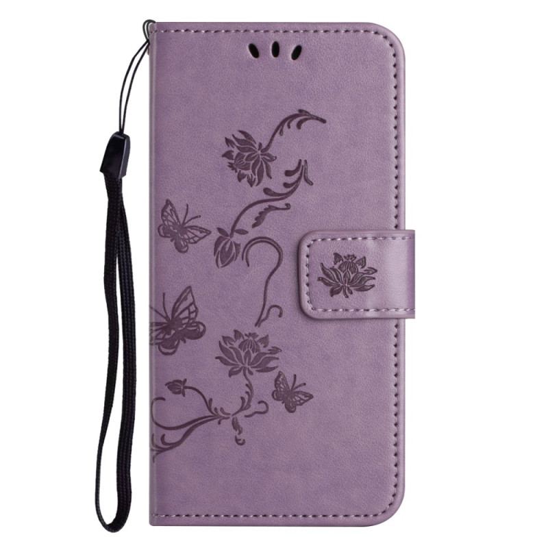 Flip Cover Xiaomi Redmi Note 12 4G Med Snor Blomster Og Sommerfugle Med Rem