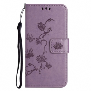 Flip Cover Xiaomi Redmi Note 12 4G Med Snor Blomster Og Sommerfugle Med Rem