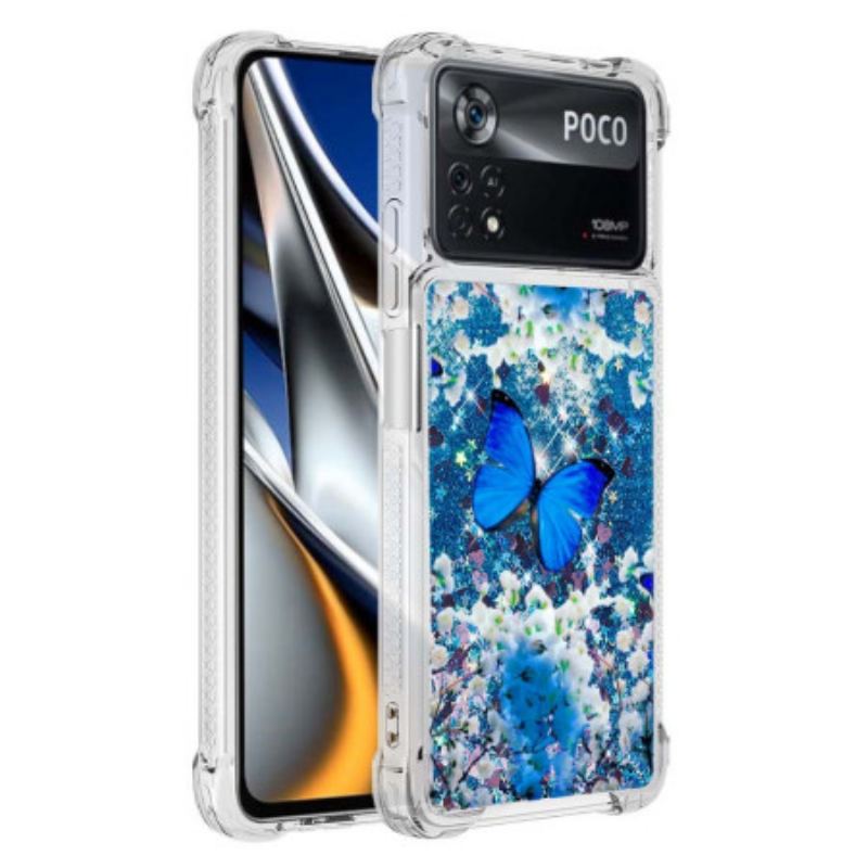 Cover Poco X4 Pro 5G Glitter Blå Sommerfugle