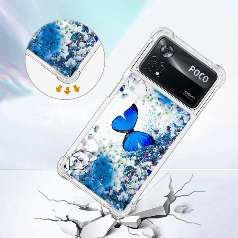 Cover Poco X4 Pro 5G Glitter Blå Sommerfugle