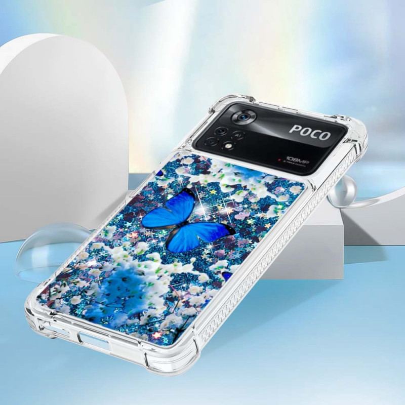 Cover Poco X4 Pro 5G Glitter Blå Sommerfugle