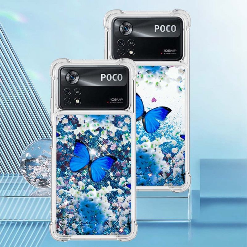 Cover Poco X4 Pro 5G Glitter Blå Sommerfugle