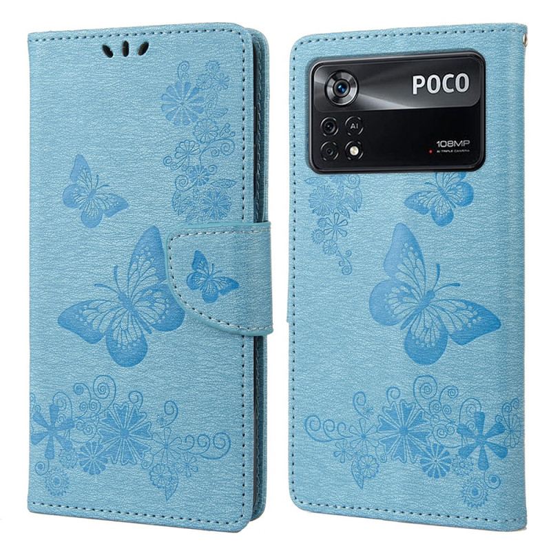 Flip Cover Poco X4 Pro 5G Med Snor Smukke Sommerfugle Med Rem