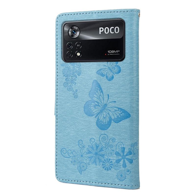 Flip Cover Poco X4 Pro 5G Med Snor Smukke Sommerfugle Med Rem