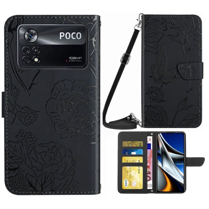 Flip Cover Poco X4 Pro 5G Sommerfugle Med Skulderrem