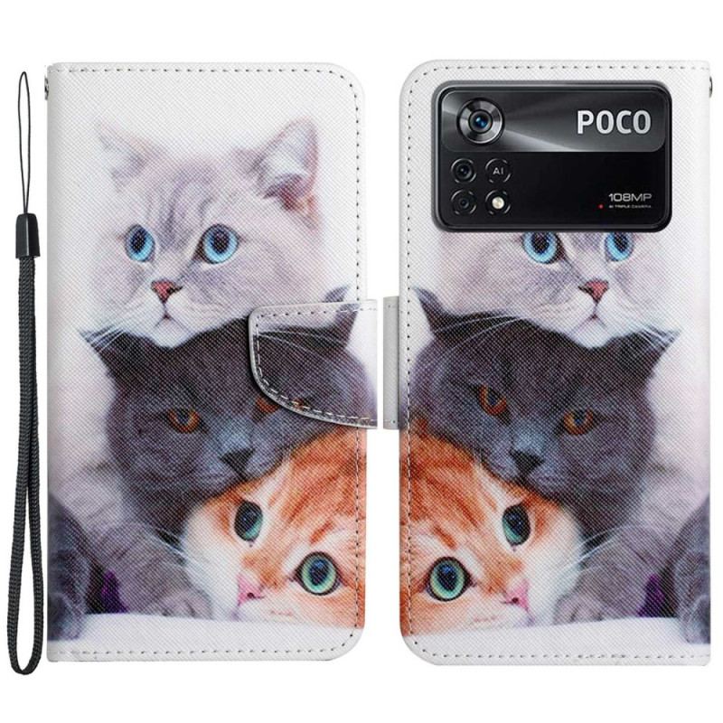 Læder Cover Poco X4 Pro 5G Med Snor Kun Thong Cats