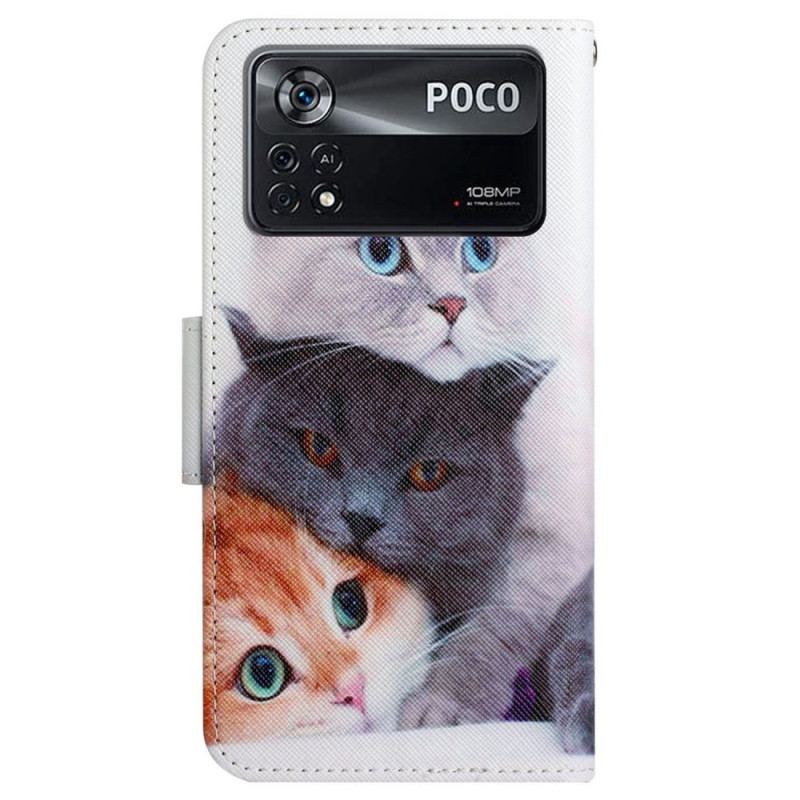 Læder Cover Poco X4 Pro 5G Med Snor Kun Thong Cats