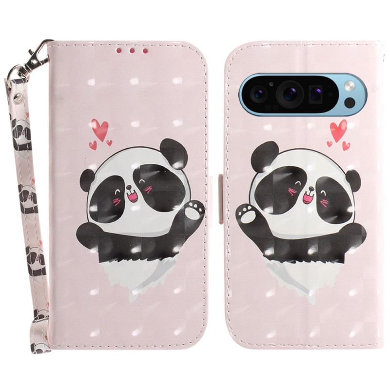 Læder Cover Google Pixel 9 Telefon Etui Panda Love Med Rem