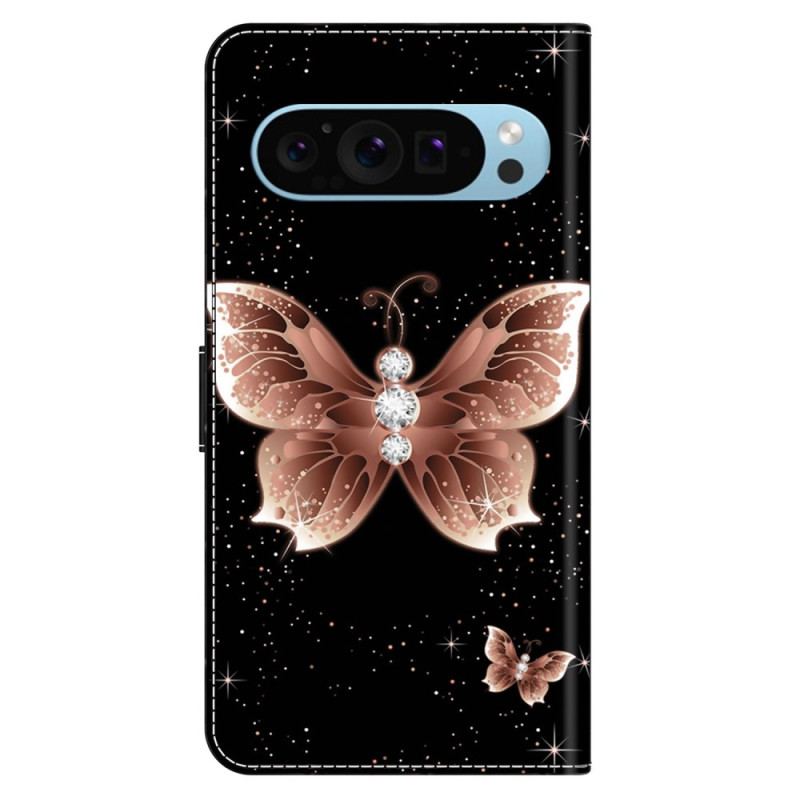 Læder Cover Google Pixel 9 Telefon Etui Pink Diamond Butterfly