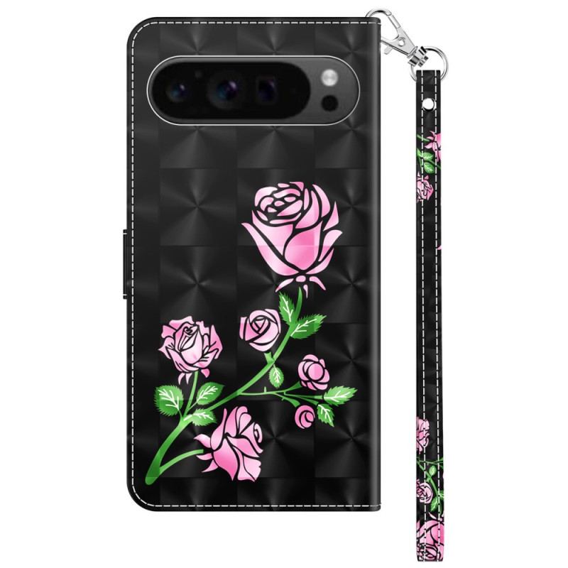 Læder Cover Google Pixel 9 Telefon Etui Strappy Med Blomstertryk