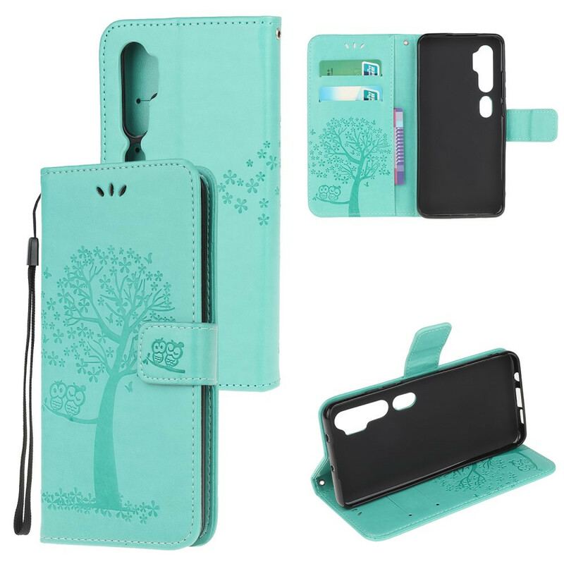 Flip Cover Xiaomi Mi Note 10 / 10 Pro Med Snor Thong Træ Og Ugler