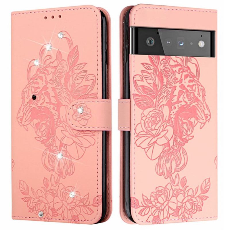 Læder Cover Google Pixel 6 Barok Tiger Og Strass