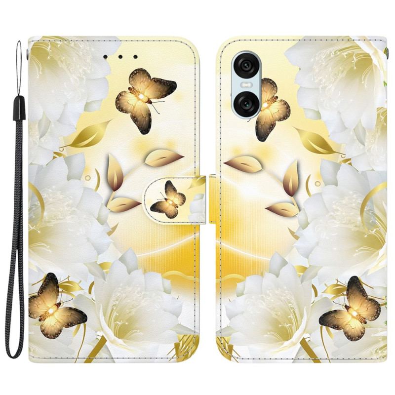 Flip Cover Til Sony Xperia 10 Vi Gyldne Sommerfugle Og Hvide Blomster Med Rem