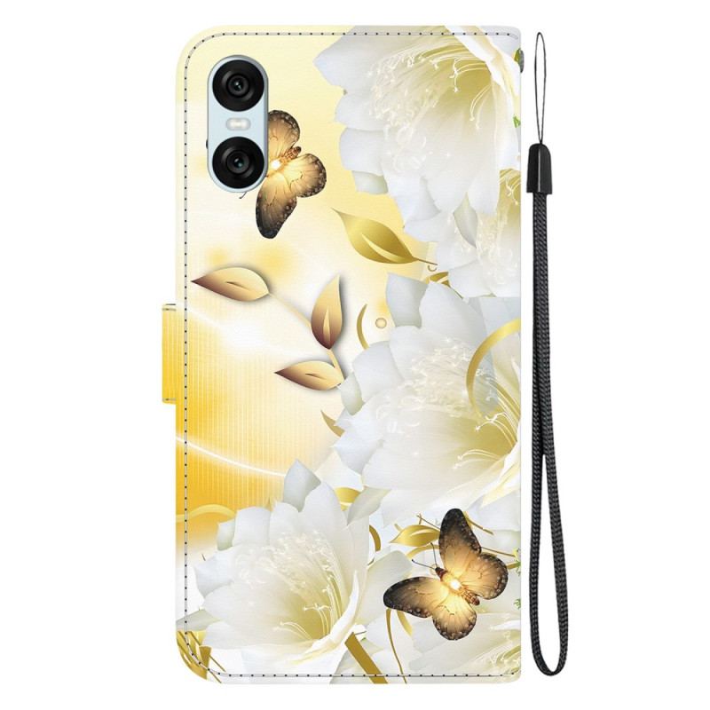 Flip Cover Til Sony Xperia 10 Vi Gyldne Sommerfugle Og Hvide Blomster Med Rem