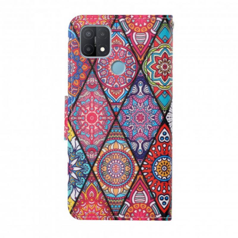 Læder Cover Oppo A15 Patchwork Med Lanyard