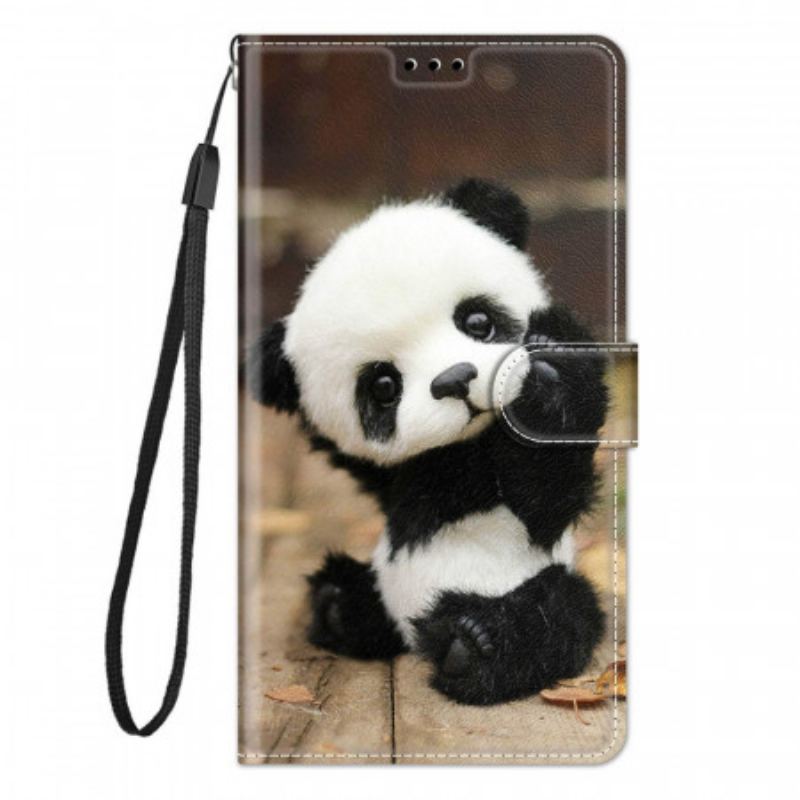 Læder Cover Samsung Galaxy M23 5G Med Snor Lille Panda Med Rem