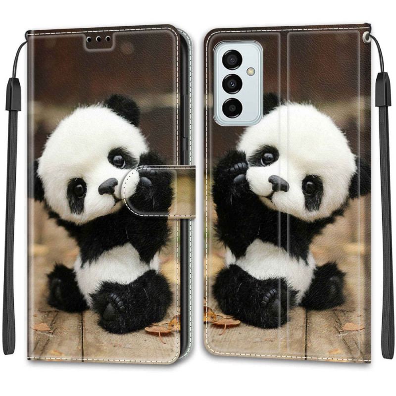 Læder Cover Samsung Galaxy M23 5G Med Snor Lille Panda Med Rem