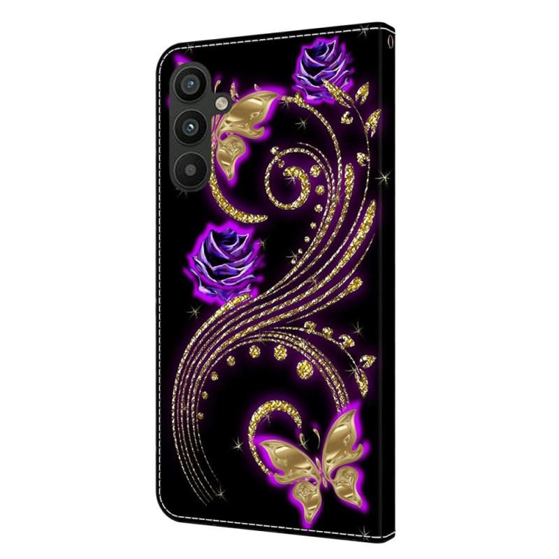 Flip Cover Samsung Galaxy A15 Violette Blomster Og Sommerfugle