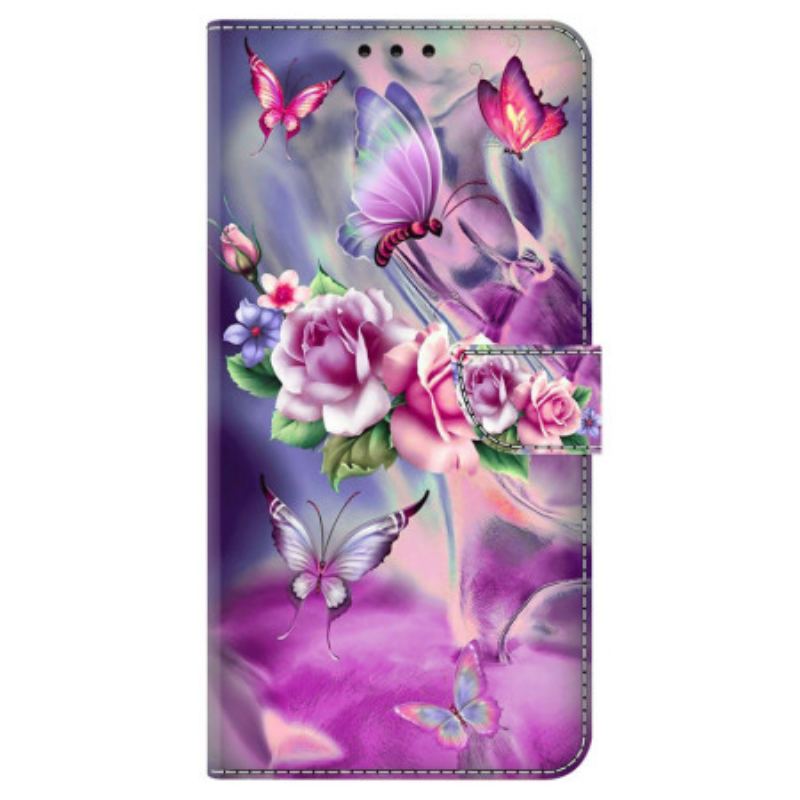 Flip Cover Til Samsung Galaxy A15 Lilla Sommerfugle Og Blomster