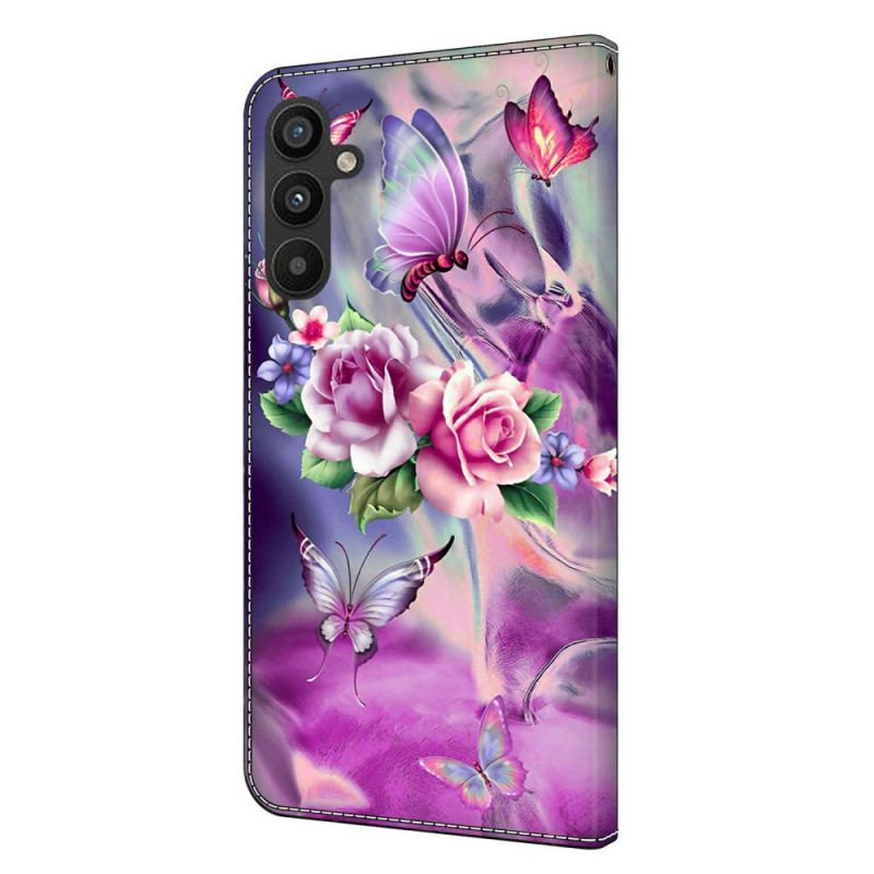 Flip Cover Til Samsung Galaxy A15 Lilla Sommerfugle Og Blomster