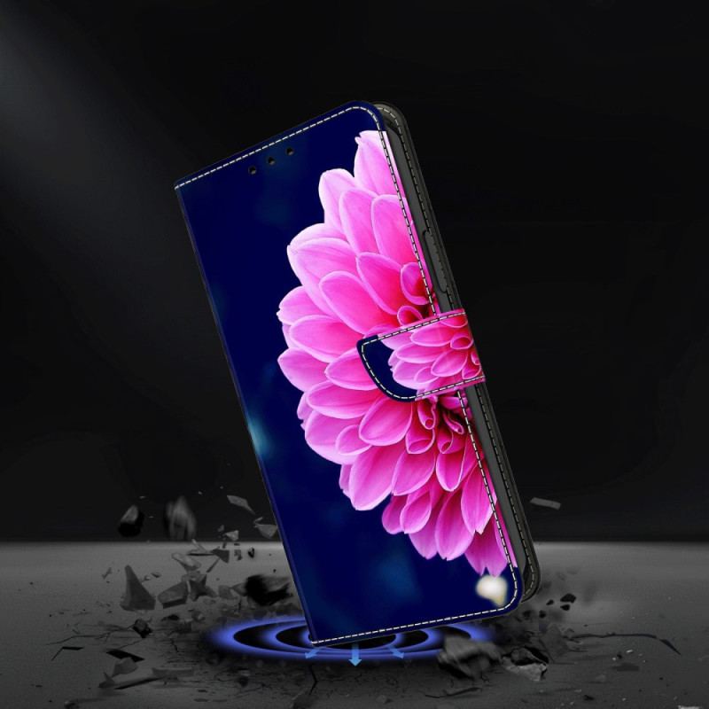 Læder Cover Samsung Galaxy A15 Telefon Etui Lyserøde Blomster På Blå Baggrund