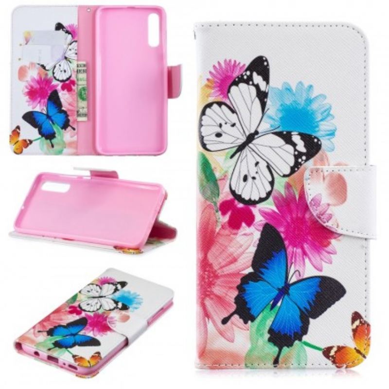 Flip Cover Samsung Galaxy A70 Malede Sommerfugle Og Blomster